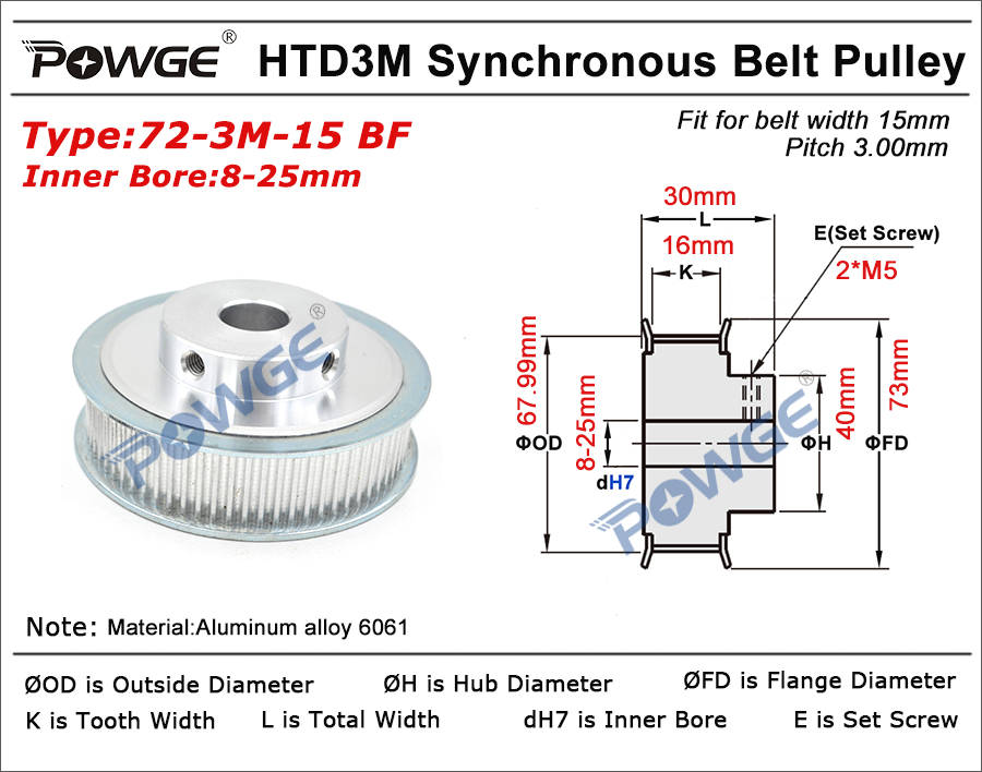 POWGE 72 Teeth HTD 3M Timing Pulley Bore 8/10/12/14/15/19/20/22mm for Width 15mm 3M Synchronous belt HTD3M Belt 72Teeth 72T CNC