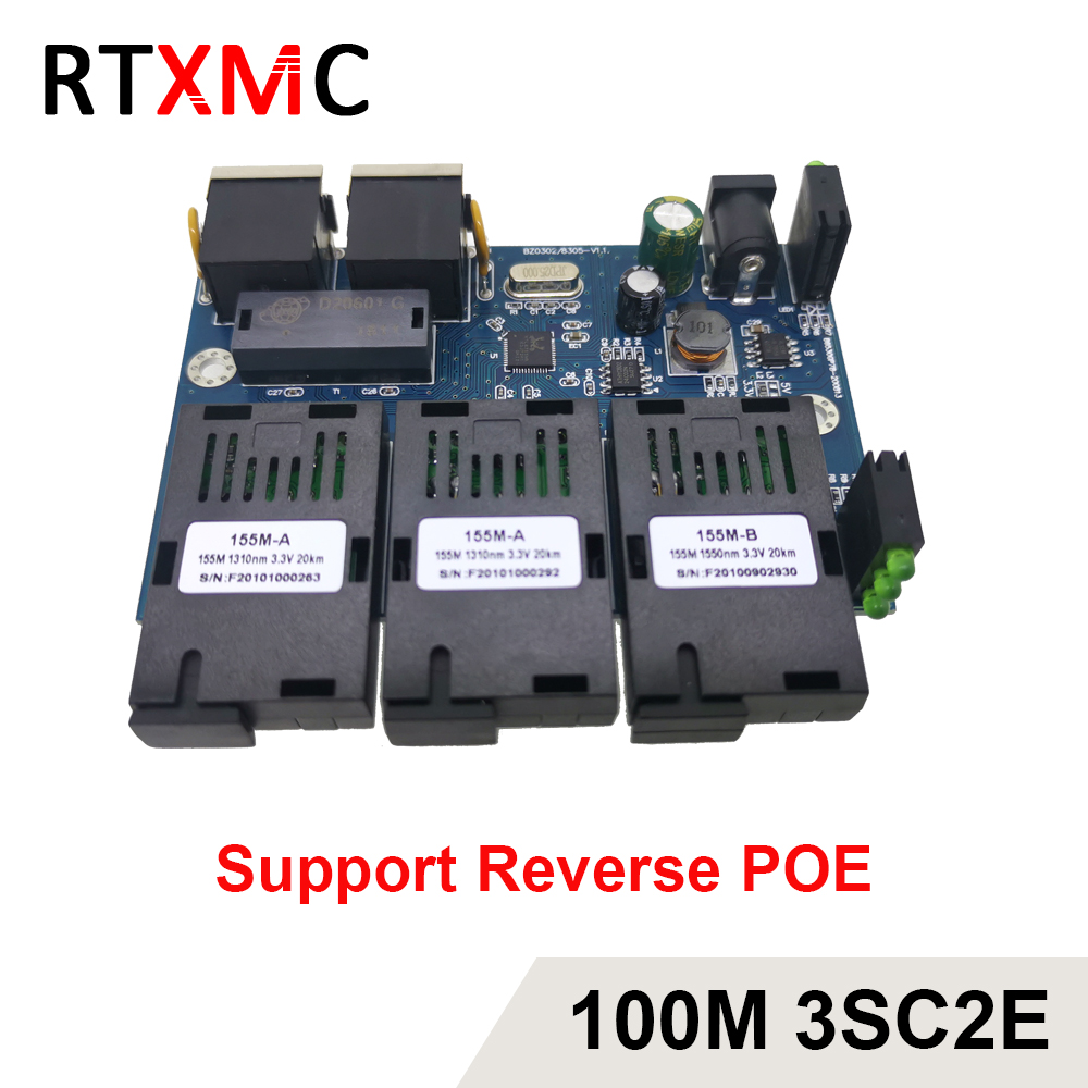3SC2E Reverse POE 100M Fast Erhetnet 10/100M Ethernet Switch 3 Fiber Port SC 25KM2UTP RJ45 FiberOptical Switch PCBA with Adapter