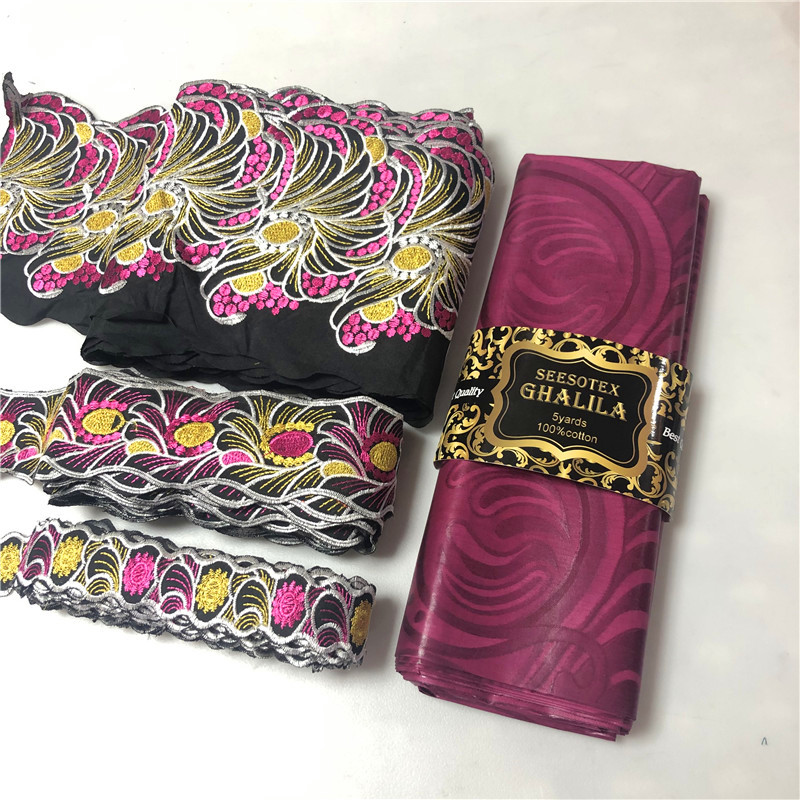 New Pure Cotton African Ghalila Bazin Riche Fabric 5yards with 3pcs 5yards cord lace matching guipure lace fabric with bazin