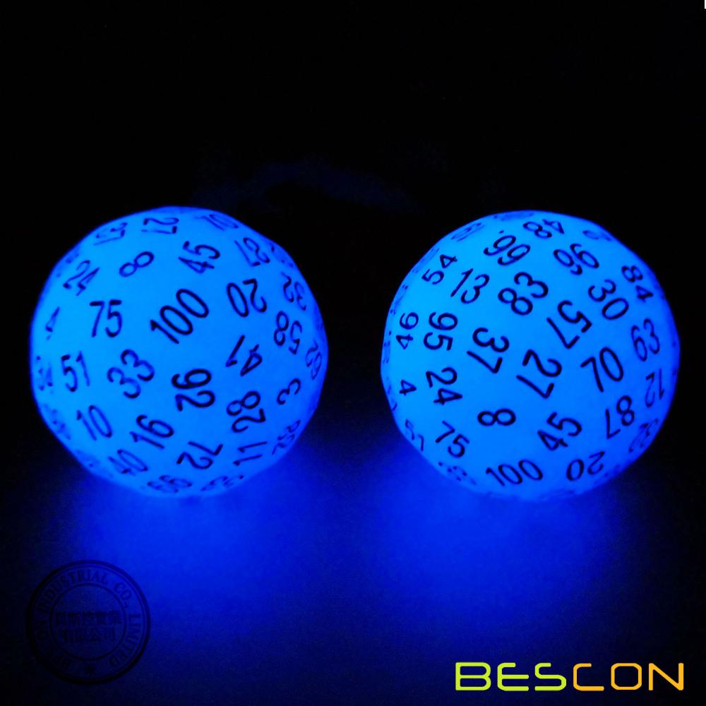 Bescon Glowing Polyhedral 100 Sides Dice Acid Blue, Luminous D100 Dice, 100 Sided Cube, Glow in Dark D100 Game Dice