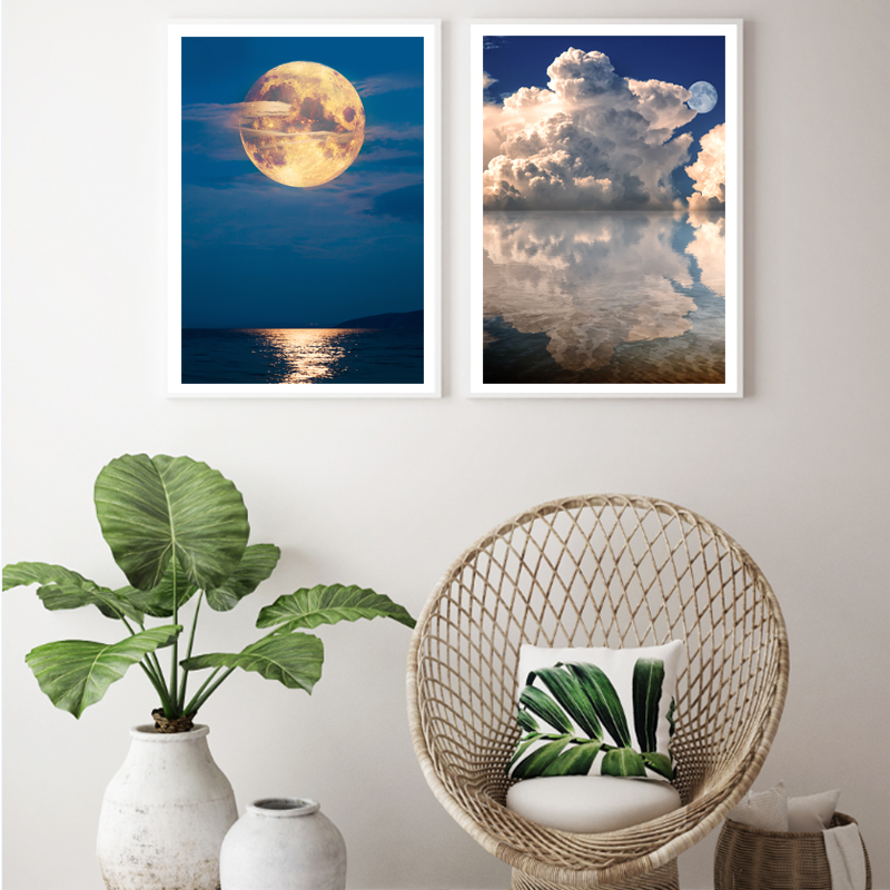 Nordic Sky Moon Seascape Canvas Painting Posters Print Blue Wall Art Pictures For Living Room Bedroom Dinning Room Modern Decor