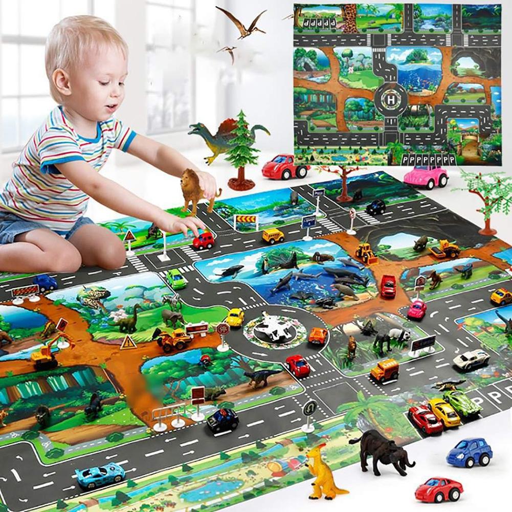 Non-Woven Fabric Baby Crawling Play Mat Dinosaur Traffic Road Kids Climbing Pad Suitable for Living Room Indoor Outdoor