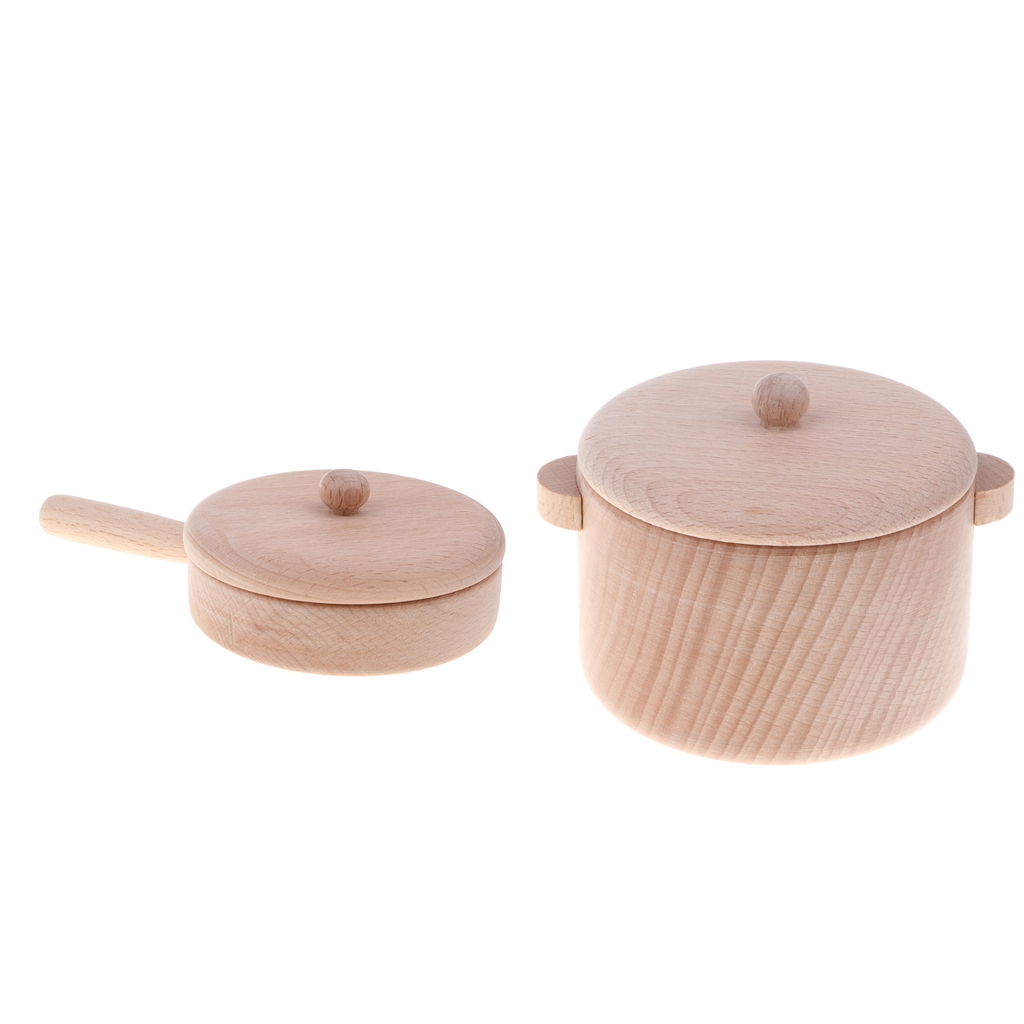 2pcs/Set Wooden Cookware Pretend Play Kids Kitchen Toys - Saucepan and Pan