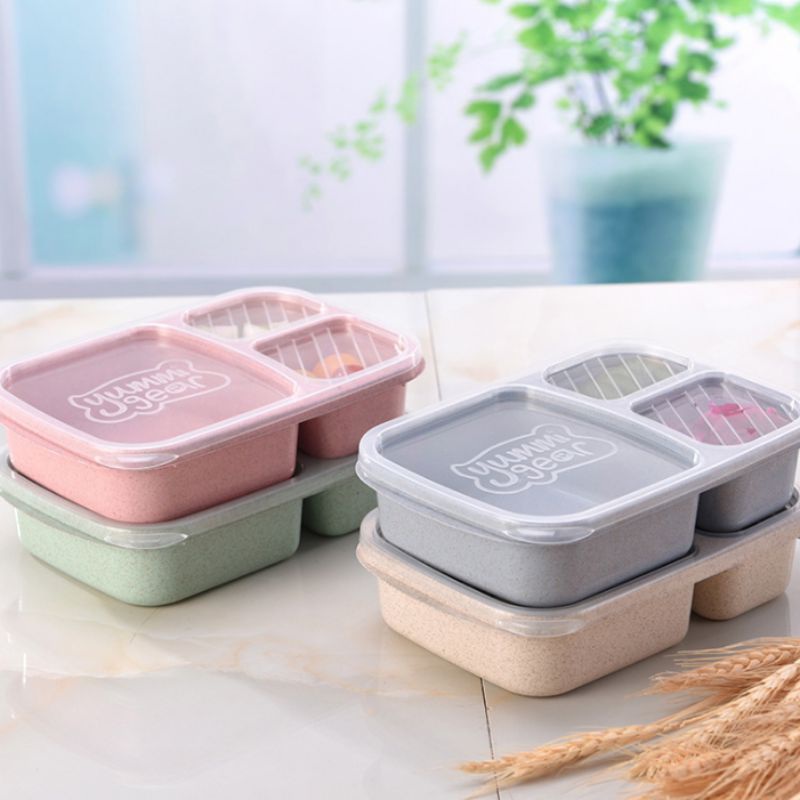 CH- 3 Grid Lunch Wheat Straw Box With Lid Microwave Food Box Biodegradable Storage Container Dinnerware