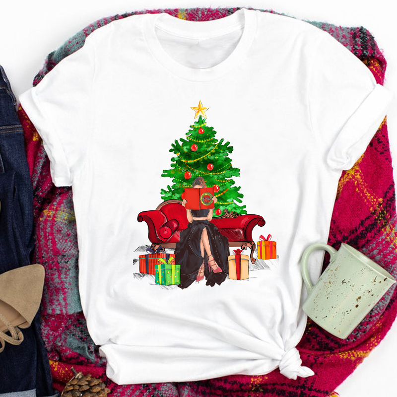 Women Lady Coffee Girl Winter Time Cute 90s Happy Holiday Merry Christmas Print Tshirt Clothes Top Graphic Female T Tee T-shirt