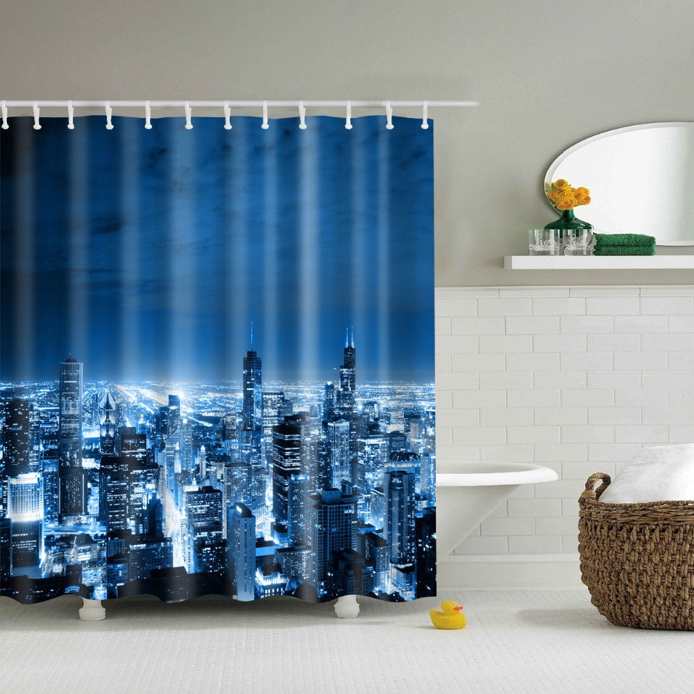 Modern Scenic Beach City Seaside Bathroom Shower Curtains Frabic Waterproof Polyester Bath Curtain With Hooks