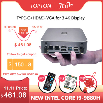 TOPTON Mini PC Windows 10 Intel i9 9880H 8 Core 16 Threads 2*DDR4 2*M.2 NVME 2*Lan Barebone System DP HDMI HTPC NUC 4K Computer