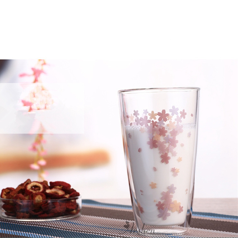Arshen Cherry Blossoms 350ML Double Wall Shot Glass Clear Handmade Heat Resistant Tea Drink Cups Healthy Drink Mug Coffee Glass