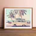 Camper Van Bus Photo Print Travel Poster Boho Decor , Vintage Beach Camper Palm Tree Seascape Picture Wall Art Canvas Painting