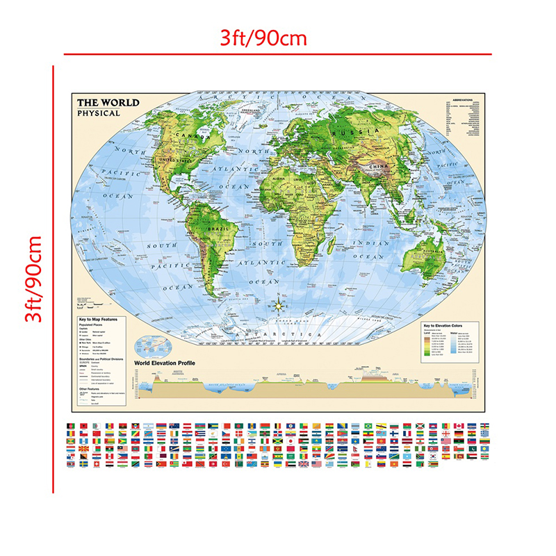 90*90cm The World Map Non-woven with Natioonal Flags Vintage Wall Art Poster Children Education Supplies Home Decoration