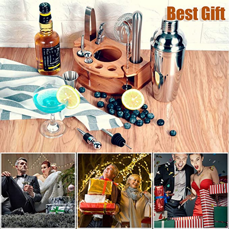 25Oz Bartender Kit with Stylish Bamboo Stand, 12 Piece Cocktail Shaker Set, Professional Stainless Steel Bar Tool Set