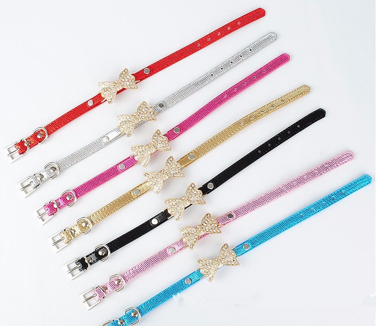 Cool Dog Collars Small Dogs Bling Crystal Bow Leather Pet Collar Puppy Choker Cat Necklace dog harness leash dog cat Accessories