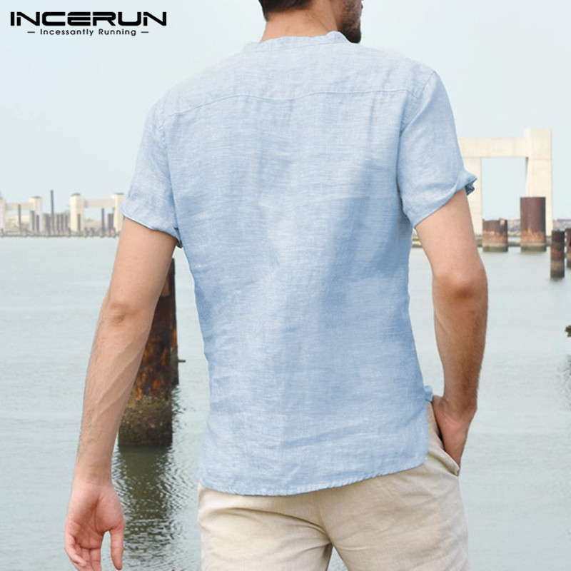 INCERUN Men's Shirts Stand Collar Short Sleeve Button Casual Blouse Streetwear Loose Summer Breathable Male Shirts Chemise 2021