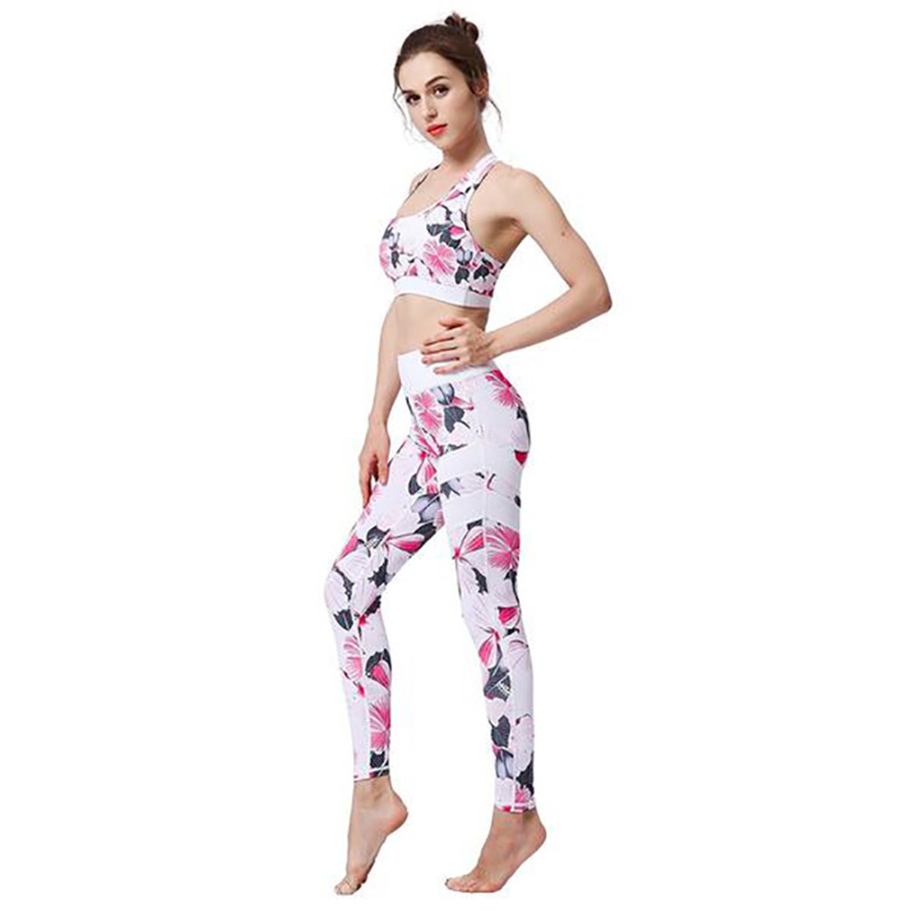 2020 New Sexy Ladies' Print Yoga Set High Waist Hip Bottom Pants Running Fitness Yoga Blouse Pant Suit спортивный костюм#40