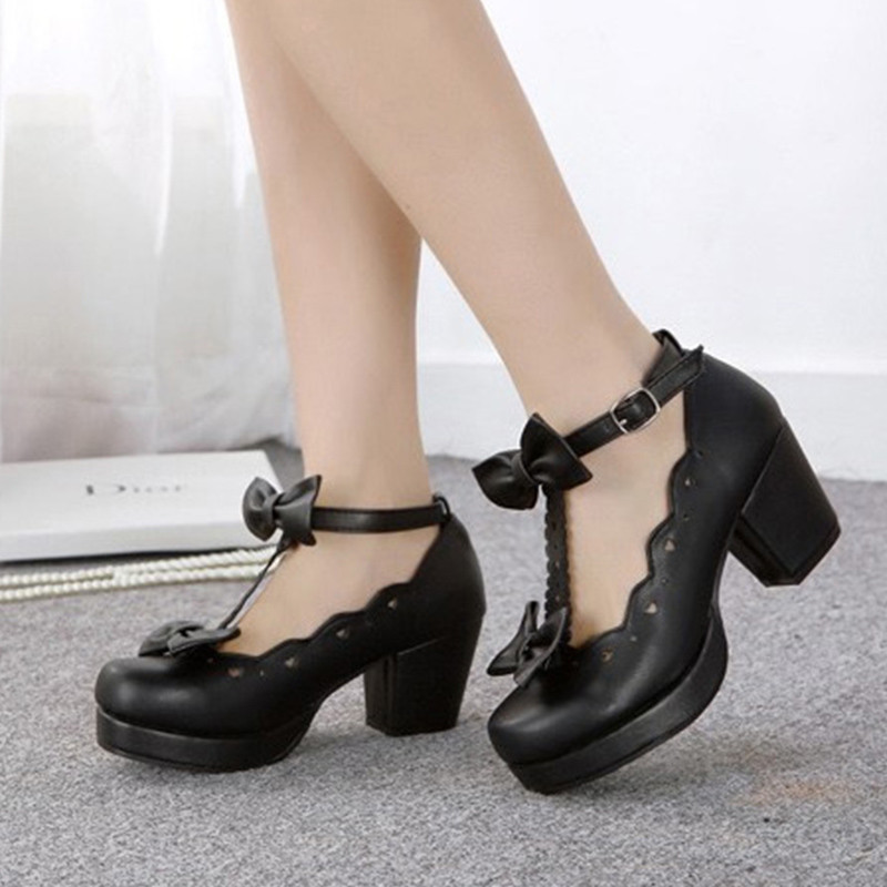 LIN KING Shoes Pink Cosplay Bowtie Ankle Straps Low Top Square Heels Pumps Solid Soft Leather Kawaii Princess Party Shoes