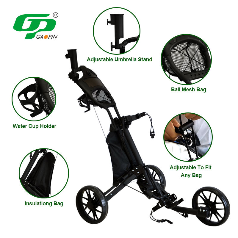 Newly Popular Lightweight Aluminum Alloy 3-Wheel Golf Push Trolley Folding Design Multi-color Elastic Strap Umbrella Cup Holder5