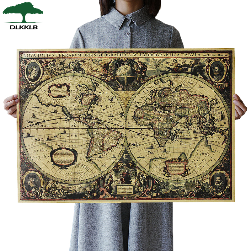 DLKKLB Retro World Map Nautical Ocean Map Poster Vintage Kraft Paper Wall Chart Sticker Antique Home Decor Large Size Map World