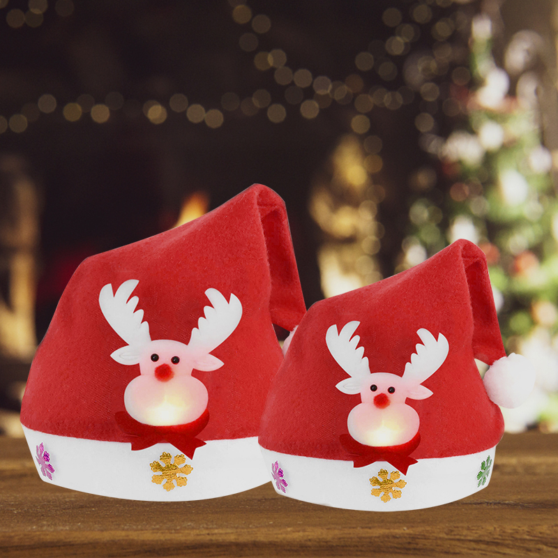 1pc Glowing Snowman Deer Santa Claus Hat Non-woven Fabric Christmas Hats Red Cap for Kids Adults Holiday Xmas Supplies Party Hat