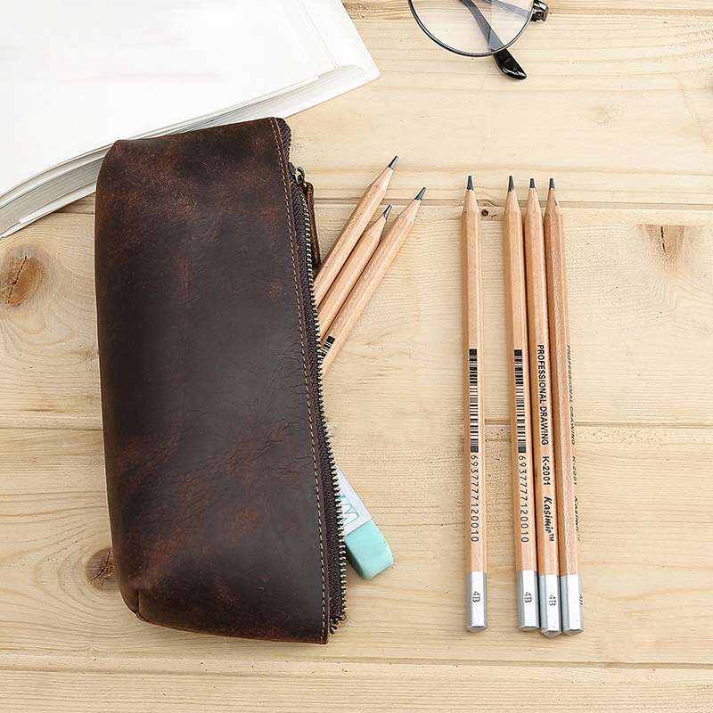 Genuine Leather School Pencil Case Vintage Mini Multi Large Penal Pencilcase Make up Big Pen Bag for Girls Boys Stationery Pouch