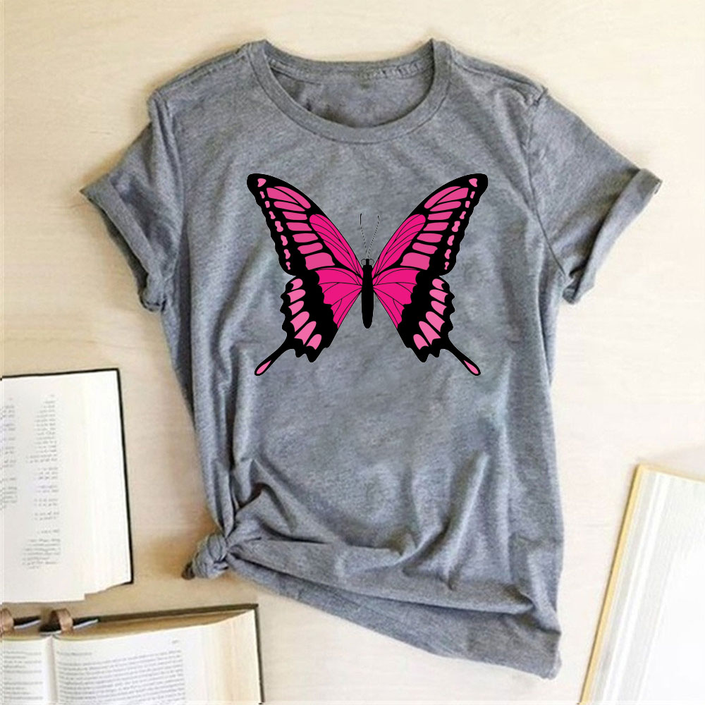 Pink Monarch Butterfly Printed Women T-shirts Short Sleeve Harajuku Graphic T-shirt Summer Casual Fashion Top Tees Female