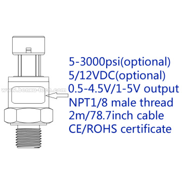 2m/78.7inch cable, Multi-Range Optional Import Ceramic Pressure Sensor Pressure Transmitter Transducer