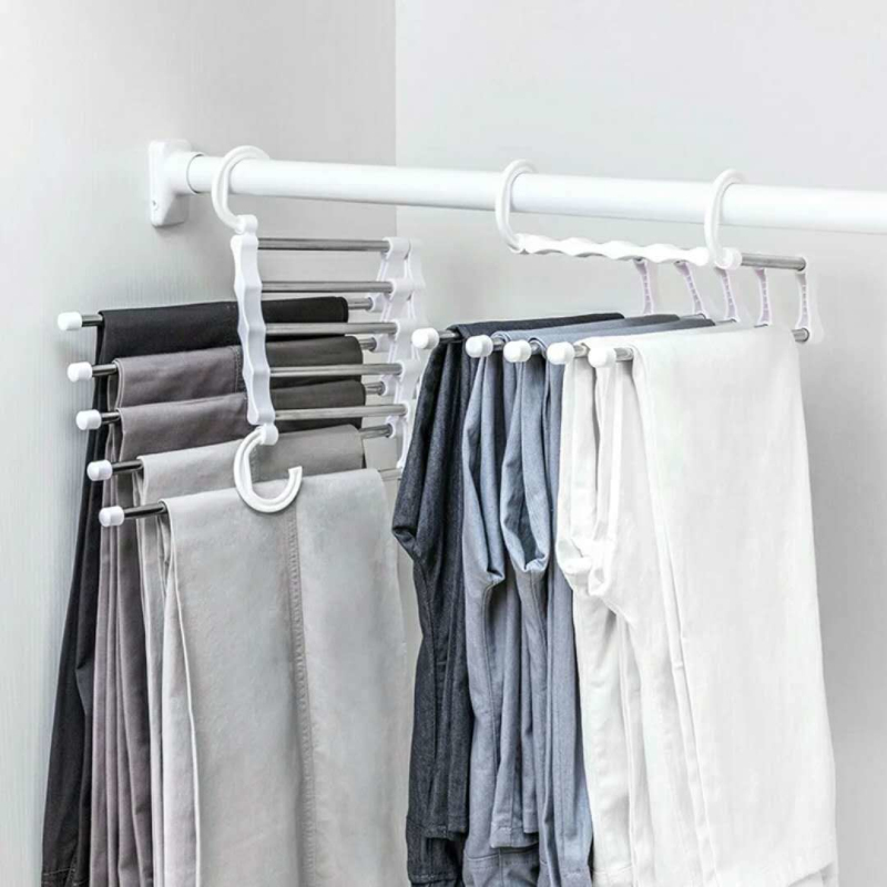 ABS Stainless Steel Clothes Hanger Storage Rack Multifunction Dual Hooks 5 Tier Pants Trousers Hanger Rack Save Space Organizer