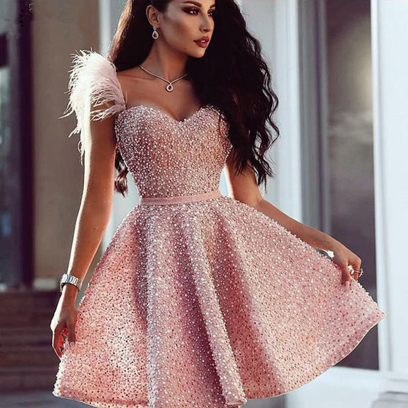 A-Line Sweetheart Pink Beaded Short Prom Dresses with Feathers Fashion Women Cocktail Dress 2020 Birthday Formal Party Gowns