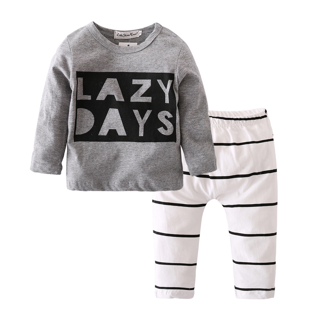 2Pcs Newborn Infant Baby Boys Girls Clothes Set Long Sleeve Letter LAZY DAYS T-shirt Tops Casual Stripe Pants Toddler Clothing