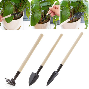 3PCS/Set Mini Wood Handle Stainless Steel Potted Plants Shovel Rake Spade For Flowers Potted Plant Gardening Plant Tools Set