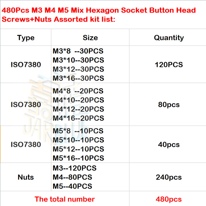 480Pcs ISO7380 M3 M4 M5 Alloy Steel 10.9 Level Black Hexagon Socket Button Head Screw Furniture Cap Hex Bolts Kit