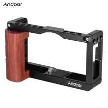 Andoer Aluminum Alloy Camera Cage Protective Vlog Cage with Wood Handle Cold Shoe Slot for Light for Canon G7X Mark III Camera