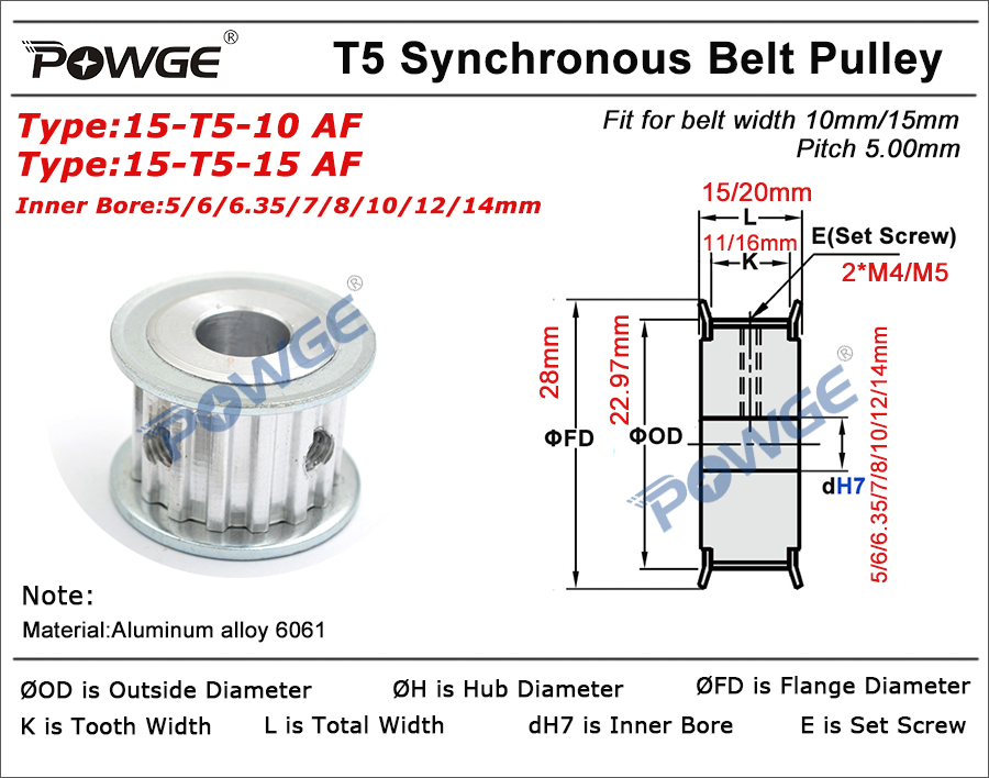 POWGE Trapezoid 15 Teeth T5 Timing Synchronous pulley Bore 5/6/6.35/7/8/10/12/14mm for belt width 10/15mm Gear Wheel 15T 15teeth