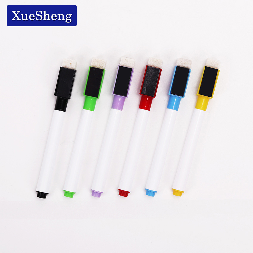 6PCS/lot Colorful black School classroom Whiteboard Pen Dry White Board Markers Built In Eraser Student children's drawing pen