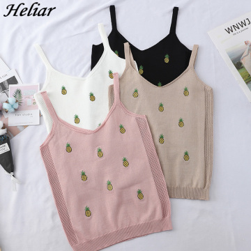 HELIAR Pineapple Embroidery V-Neck Tank Tops Camis Knitted Short Slim Elastic Crop Tops Summer Fashion Women's Clothing Camis