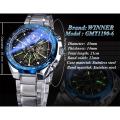 Winner Blue Light Glass Automatic Watch Black Silver Stainless Steel Waterproof Luminous Hand Mechanical Watch Skeleton Clock