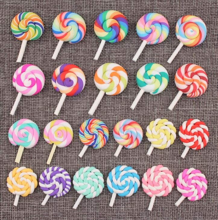 10 pcs/lot Beauty Kawaii Rainbow Lollipop Candy Polymer Clay Cabochons Flatback For DIY Jewelry Decoration