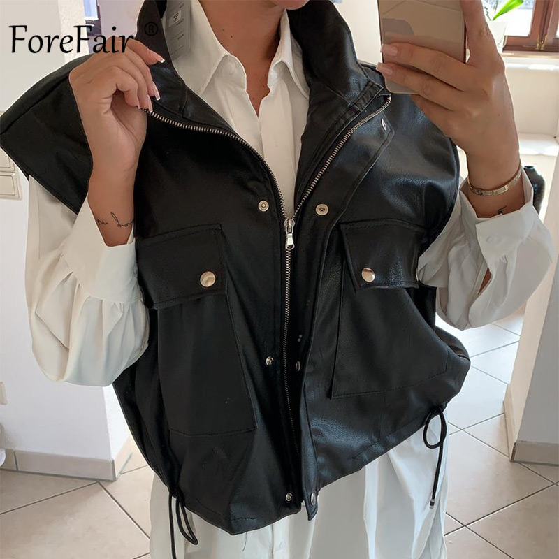 Forefair Faux Leather Women Winter Outwear 2020 Autumn Fashion Oversize Loose Casual Solid Zip Women Jacket Coat