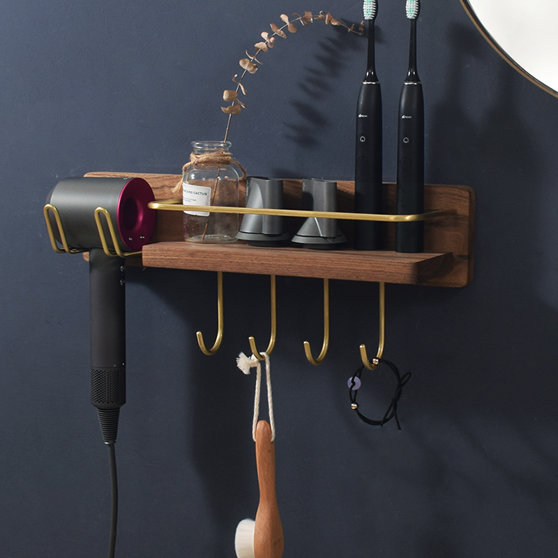 Solid Wood + Brass/Bathroom Shelves Hair dryer Wall Shelf Cups Shower Cosmetics Storage Holder Bathroom Accessories