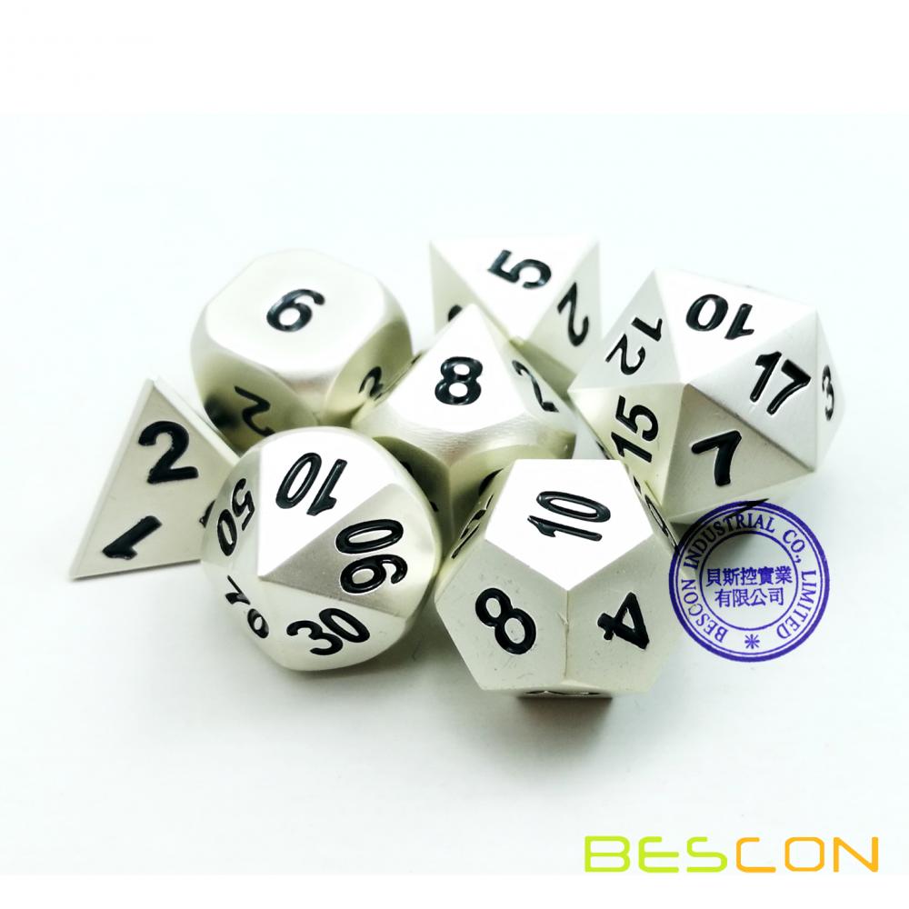 Bescon RPG Metal Dice Set of 7 Matt Pearl Silver Effect Solid Metal Polyhedral RPG Role Playing Game Dice 7pcs Set