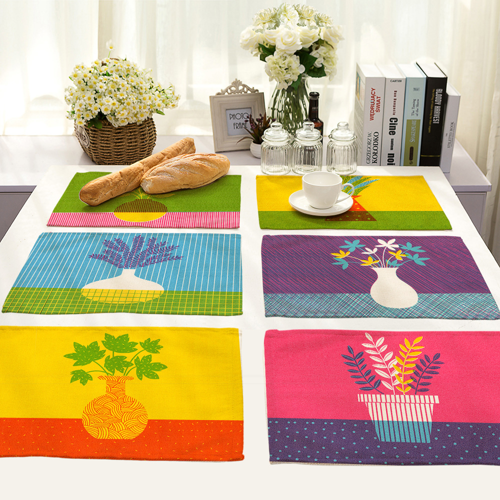 Modern Illustration Series Dining Table Cotton Linen Placemat Colorful Vase Print Western Food Mat Party Tableware Decoration