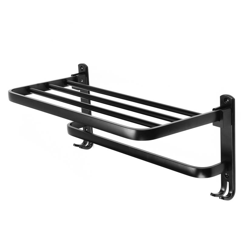 Xueqin 490/590mm Alumimum Black Foldable Towel Holder Towel Shelf Wall Mounted Bathroom Towel Rack Storage Hanger Shelf