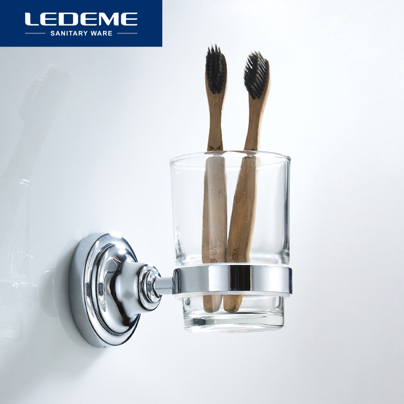 LEDEME Cup & Tumbler Holders Chrome Bathroom Accessories Wall Mounted Single Tumbler Holder With Glass Toothbrush Cups L1406