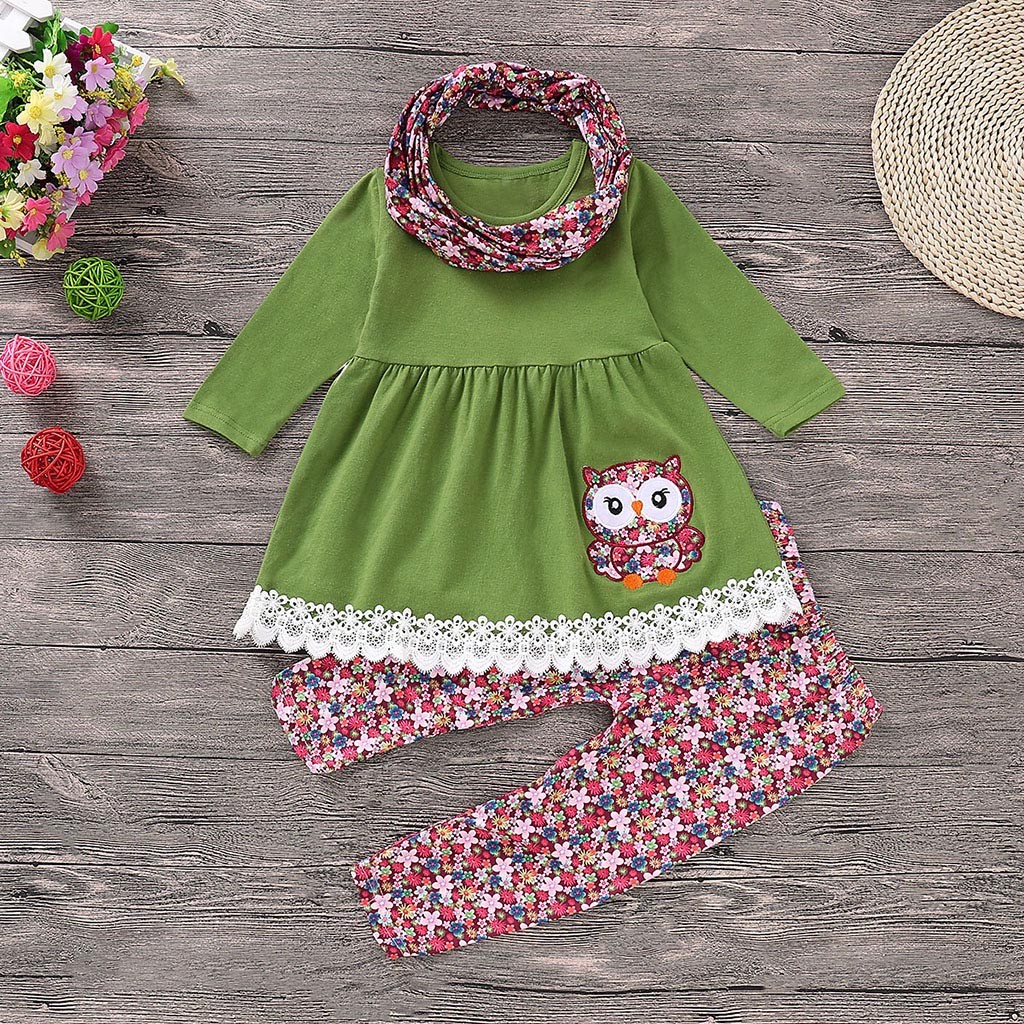 Girls Clothing Sets Kids Girls Cartoon Embroider Owl Dress+Floral Pants+Scarf Set Outfit Children Clothing