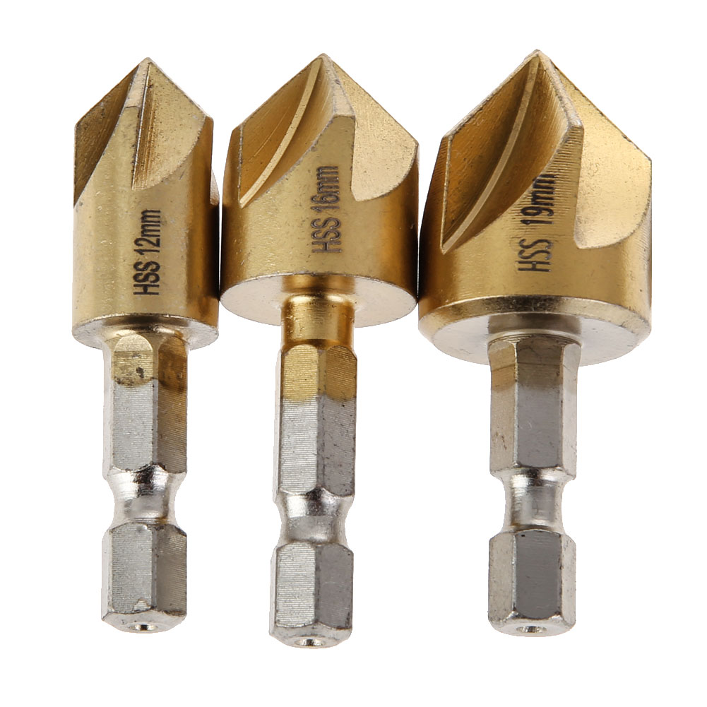 3 PCS 5 Fluit Afschuining Countersink 1/4 "Hex Shank HSS Hout Afkanten Cutter Afschuining 12/16/19mm Verzinkboor Boor