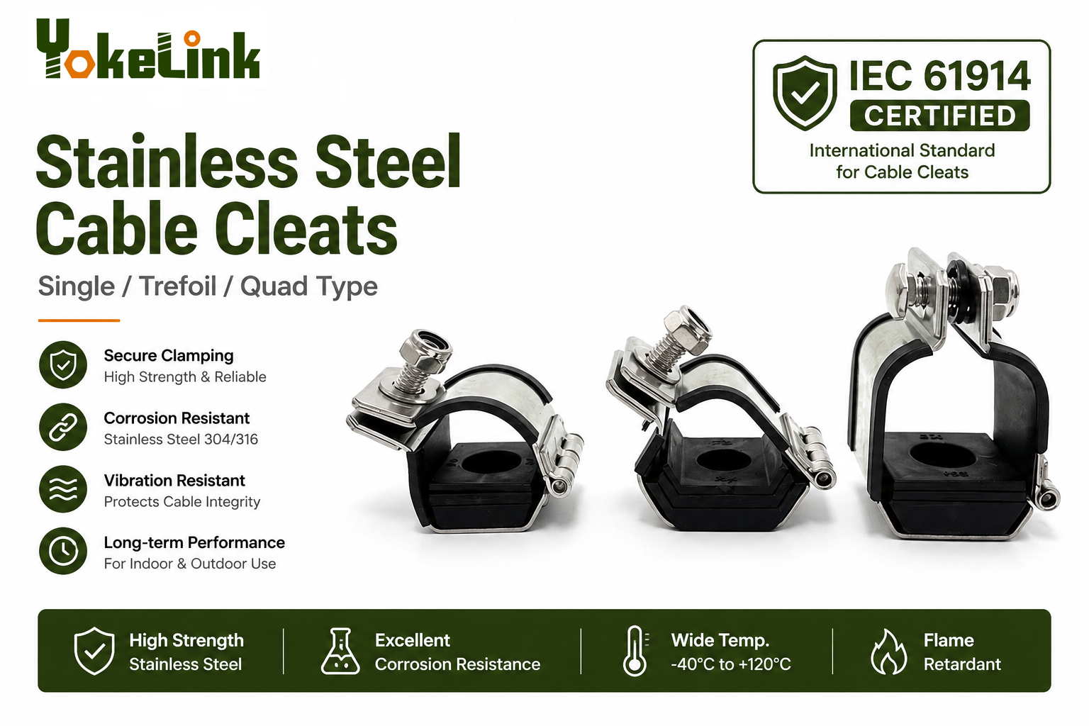 Single Trefoil Quad Stainless Steel Cable Cleats YOKELINK