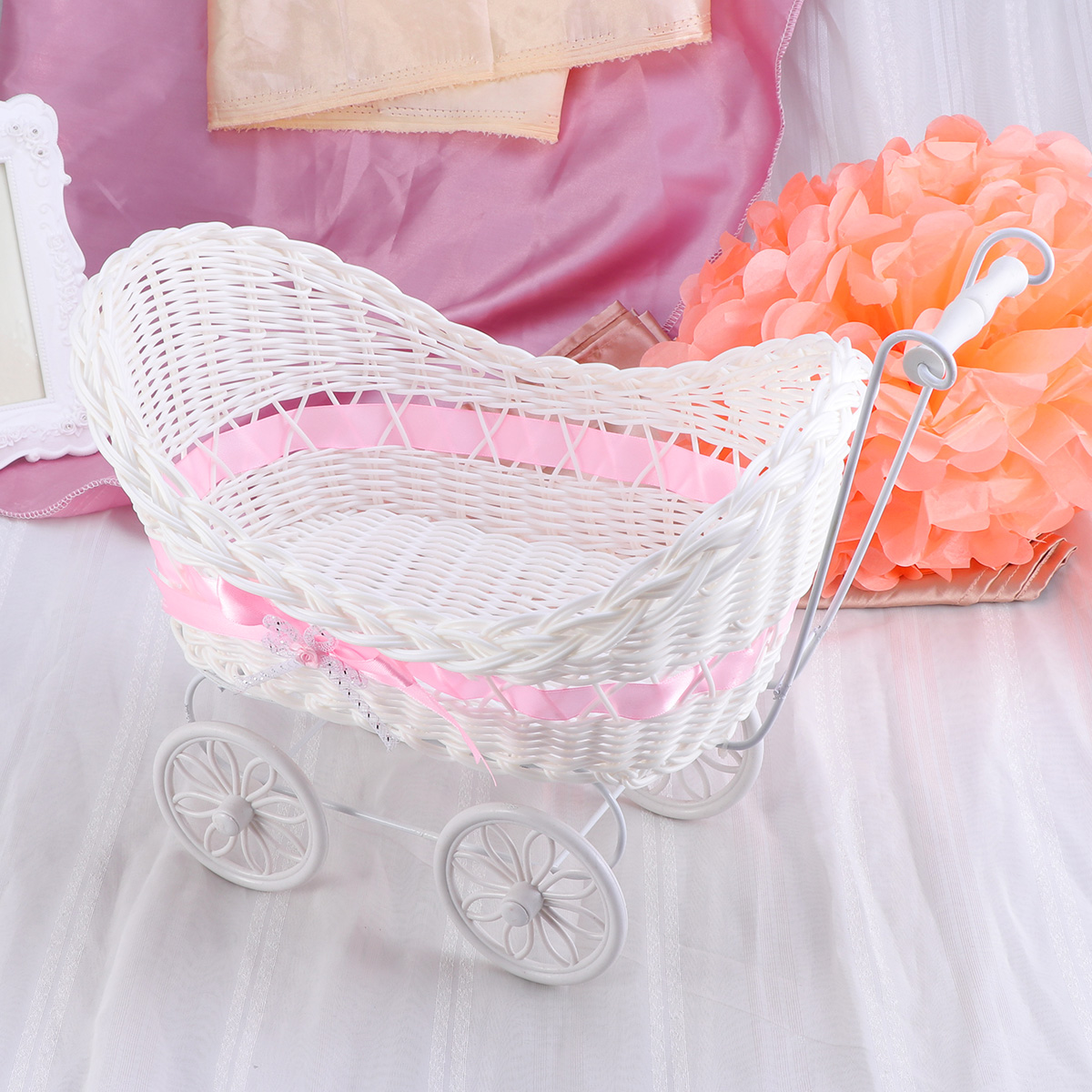 Cart Cane Tricycles Flower Basket Knitted Flower Mini Car Furnishing Articles for Wedding Baby Shower Party Birthday Decor