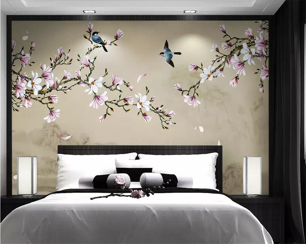 Beibehang Wallpaper mural magnolia hand-painted meticulous flower and bird TV background wall decorative painting 3d wallpaper