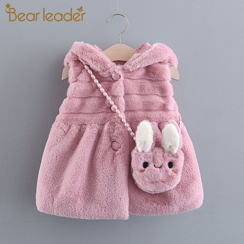 Bear Leader Baby Girls Vest New Winter Baby Waistcoats Warm Fur Fleece Girl Coat with Bag Cute Cartoon Outfits Kids Clothing