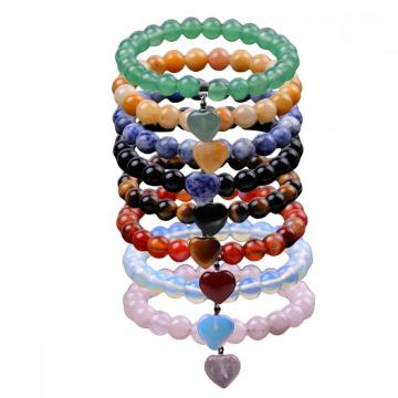 Natural crystal stone Fashion simple personality heart pendant bracelet gemstone tiger eye rose quartz bead stretch bracelet