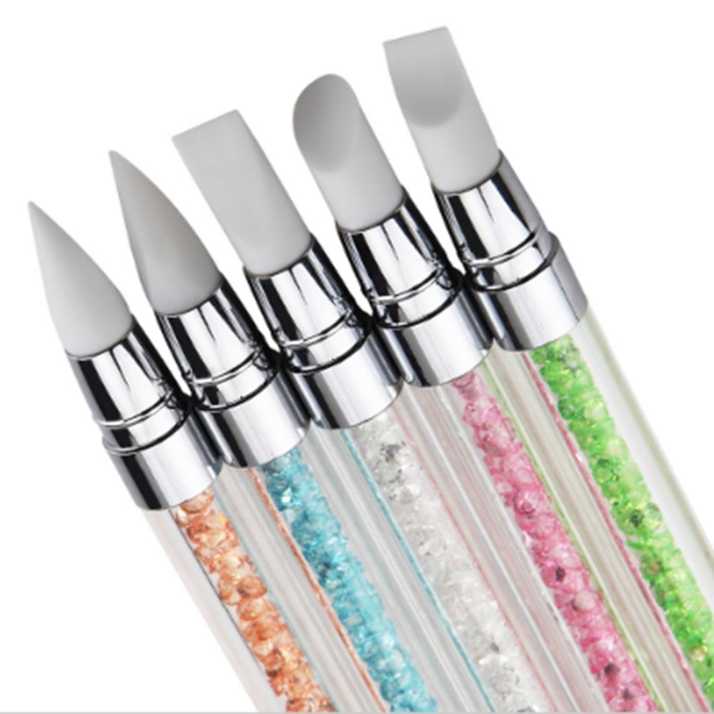 5PCS Rhinestone Crystal Nail Art Brush Pen Silicone Head Carving Emboss Shaping Hollow Sculpture Acrylic Manicure Dotting Tools